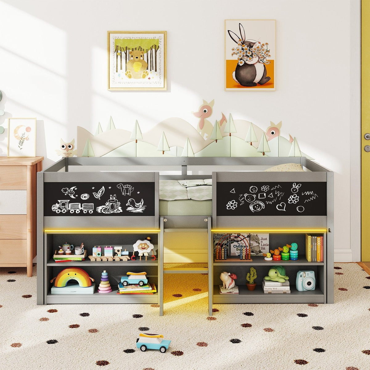 Twin Low Loft Bed with LED Lights, 2 Bookcases and 4 Chalkboards, Grey