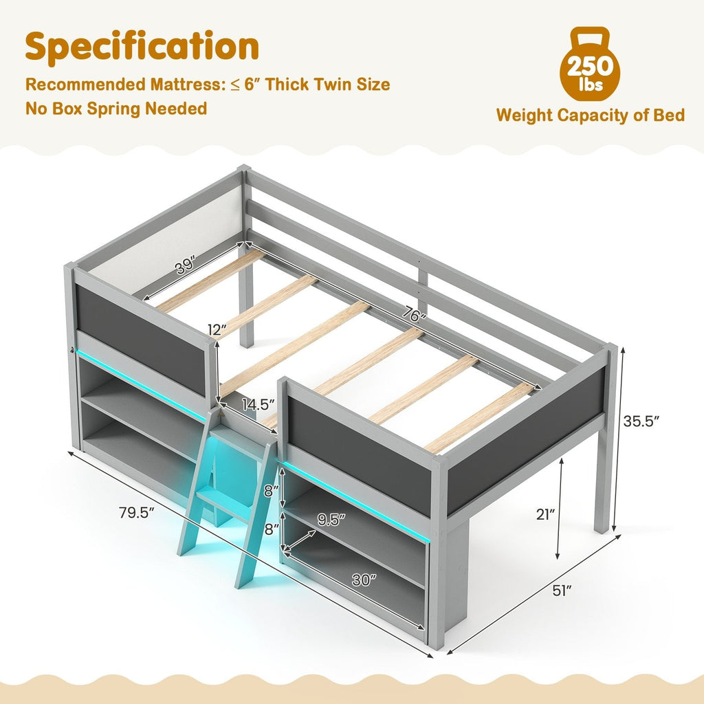 Twin Low Loft Bed with LED Lights, 2 Bookcases and 4 Chalkboards, Grey