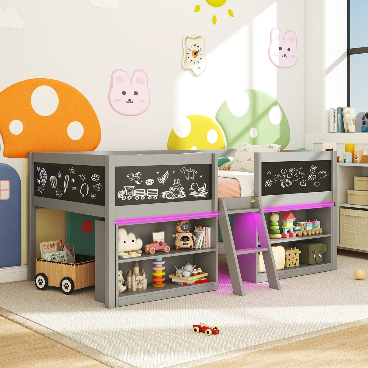 Twin Low Loft Bed with LED Lights, 2 Bookcases and 4 Chalkboards, Grey