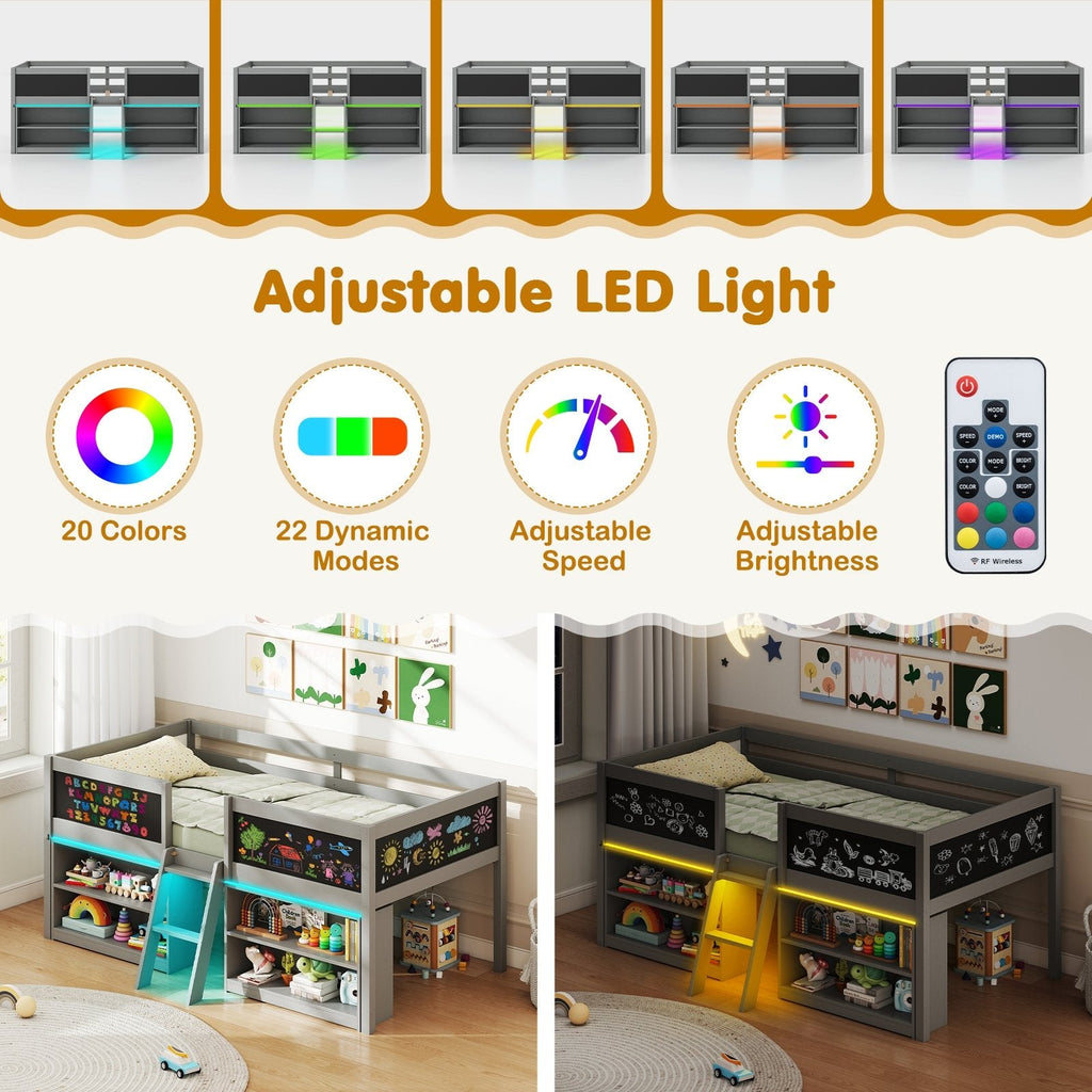 Twin Low Loft Bed with LED Lights, 2 Bookcases and 4 Chalkboards, Grey
