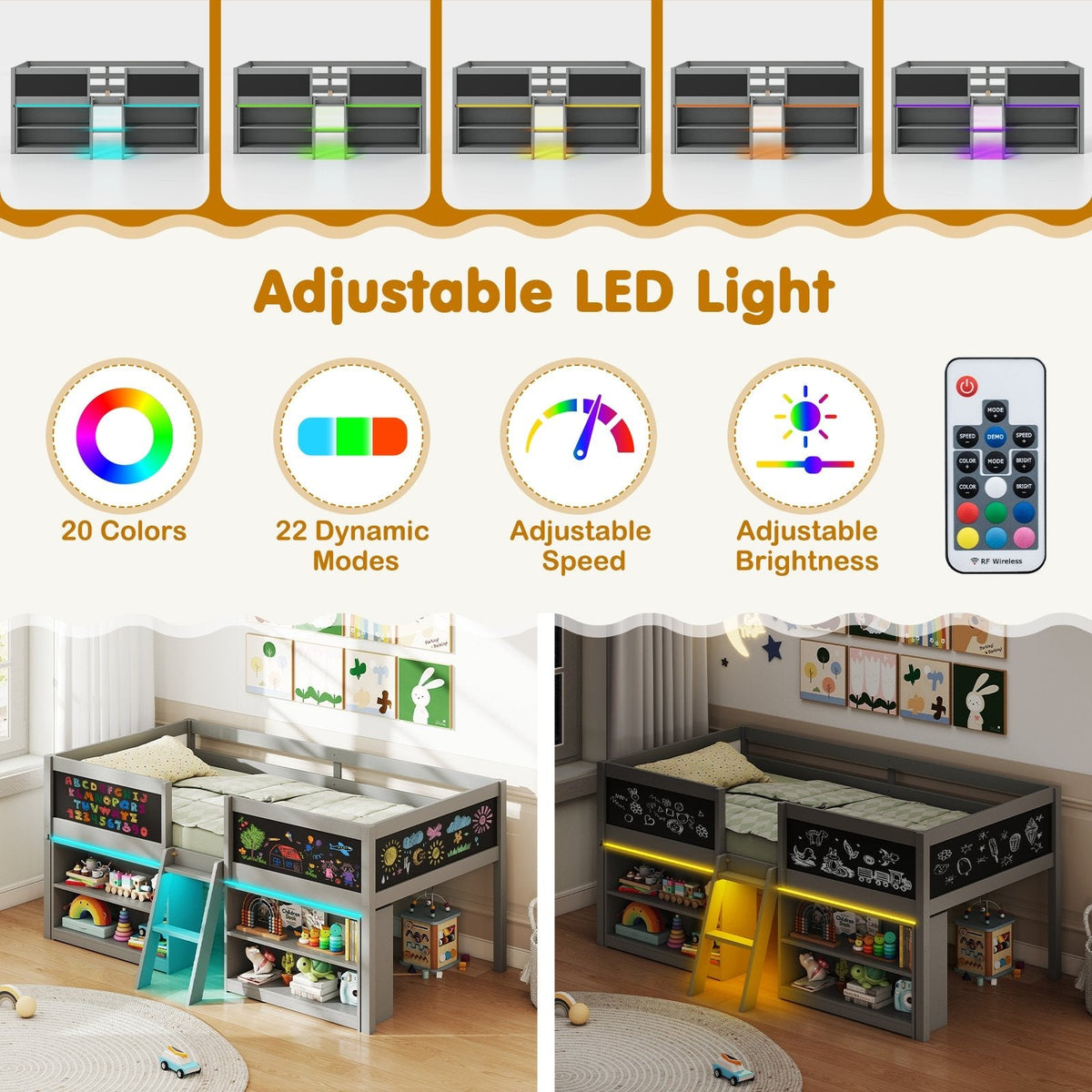 Twin Low Loft Bed with LED Lights, 2 Bookcases and 4 Chalkboards, Grey