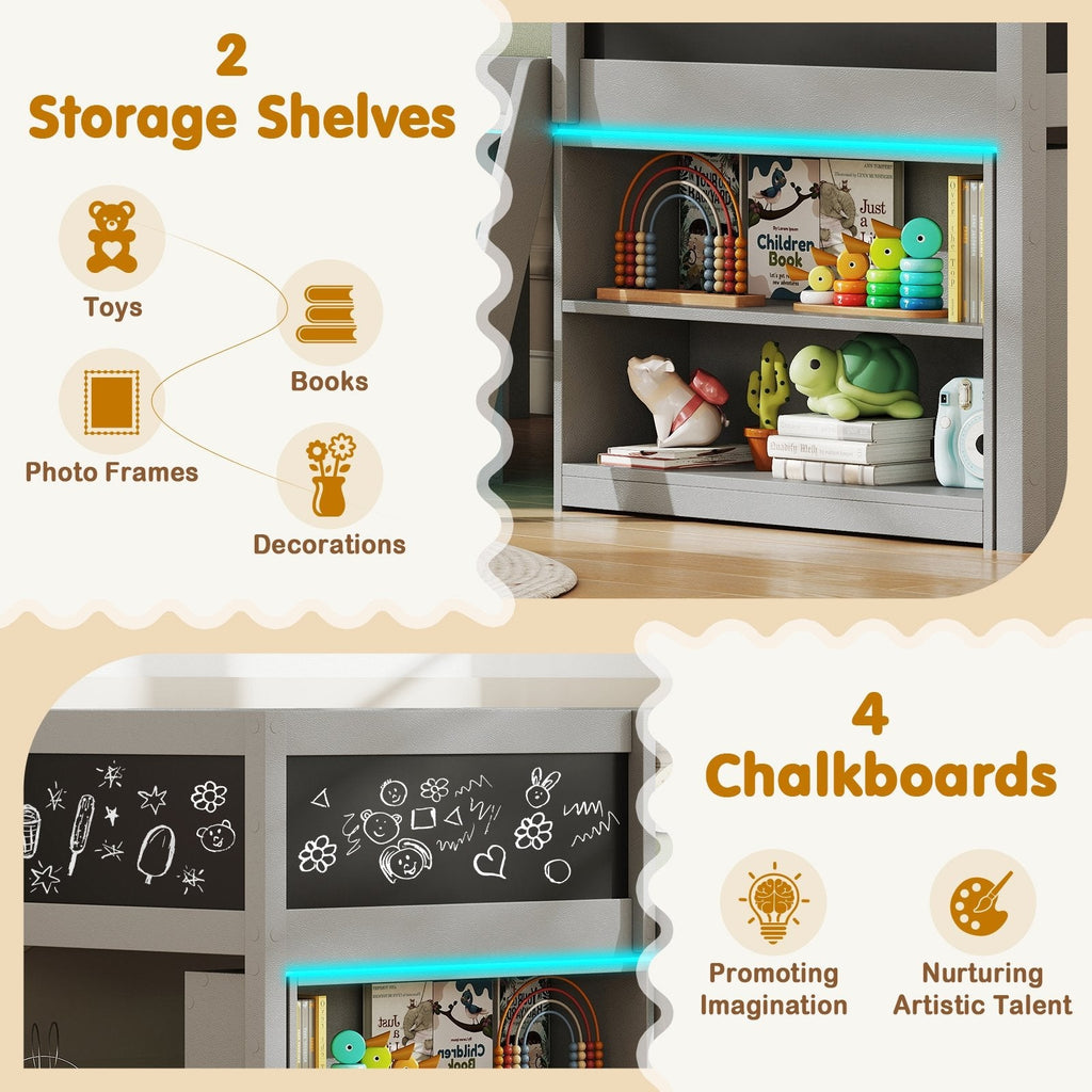 Twin Low Loft Bed with LED Lights, 2 Bookcases and 4 Chalkboards, Grey