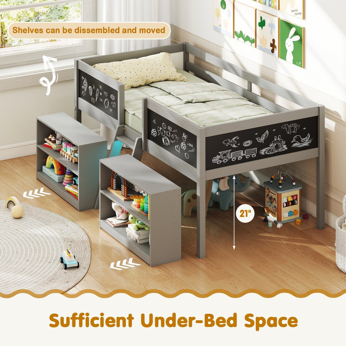 Twin Low Loft Bed with LED Lights, 2 Bookcases and 4 Chalkboards, Grey