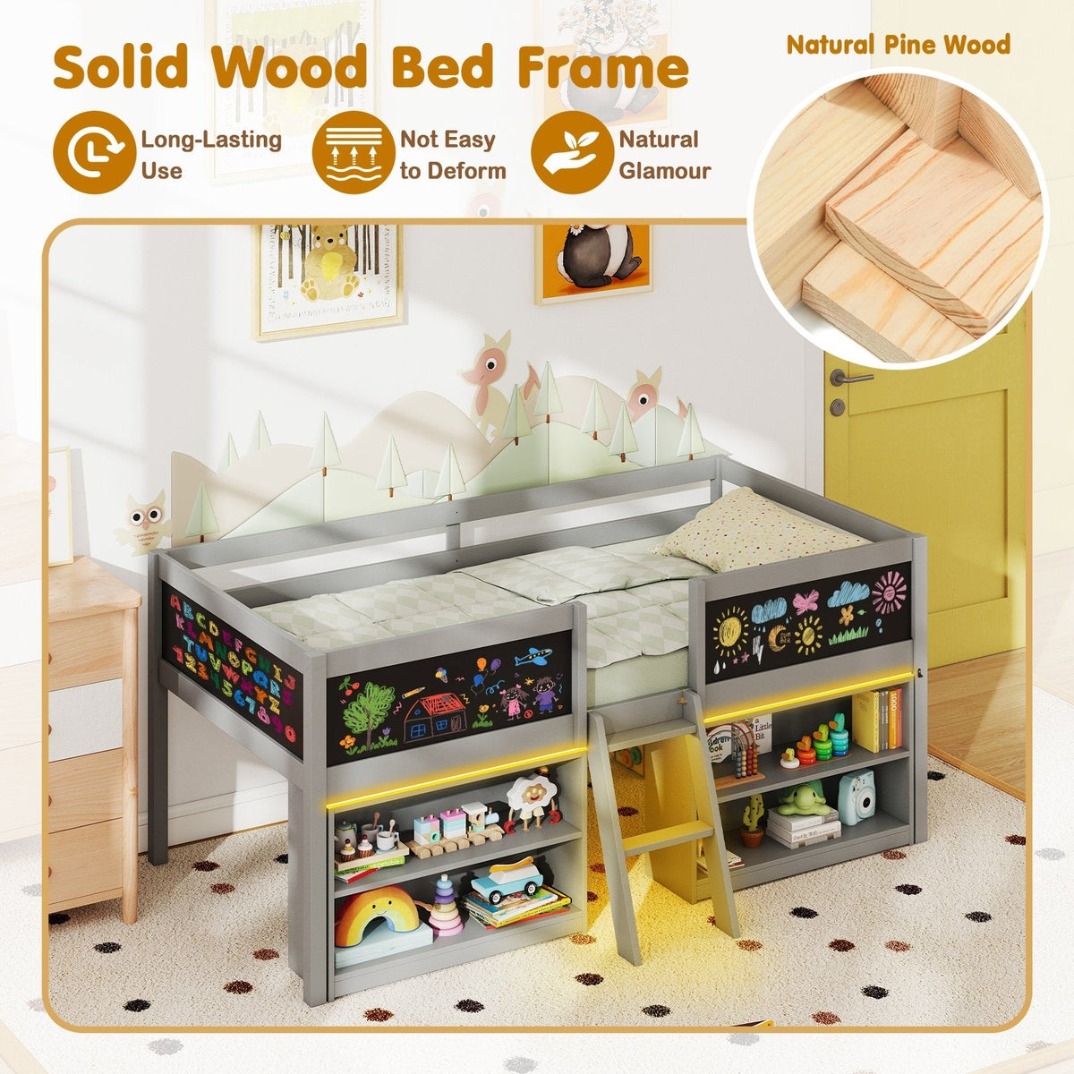 Twin Low Loft Bed with LED Lights, 2 Bookcases and 4 Chalkboards, Grey