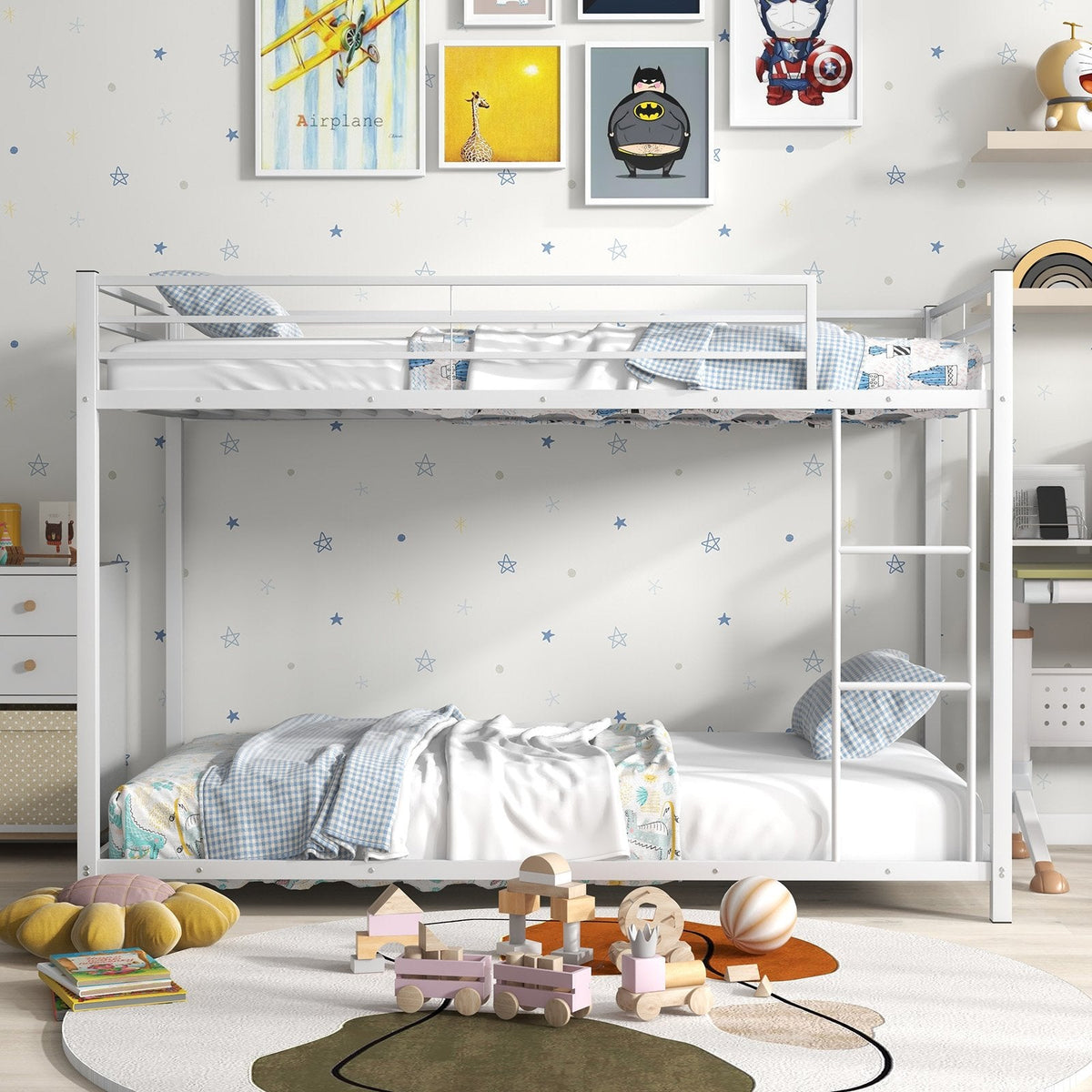 Low Profile Twin Over Twin Metal Bunk Bed with Full-length Guardrails-White