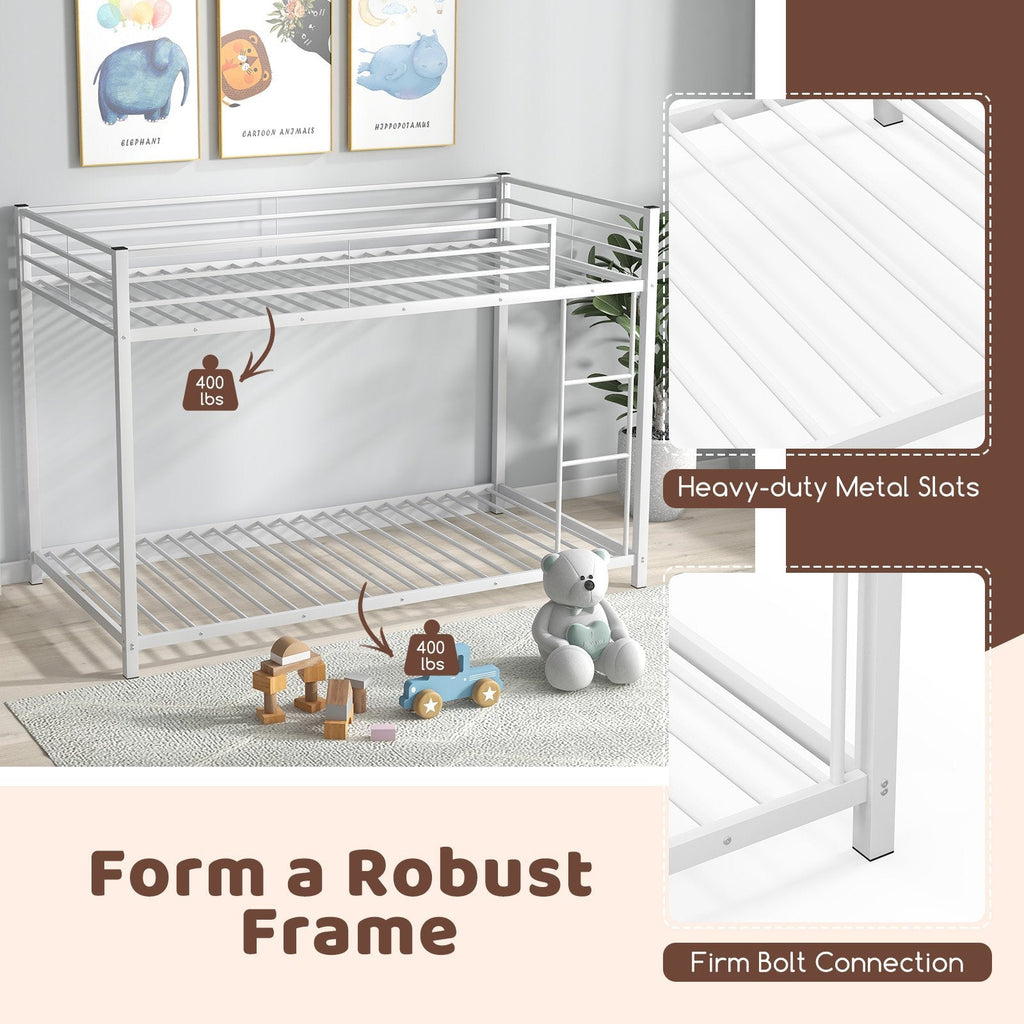 Low Profile Twin Over Twin Metal Bunk Bed with Full-length Guardrails-White