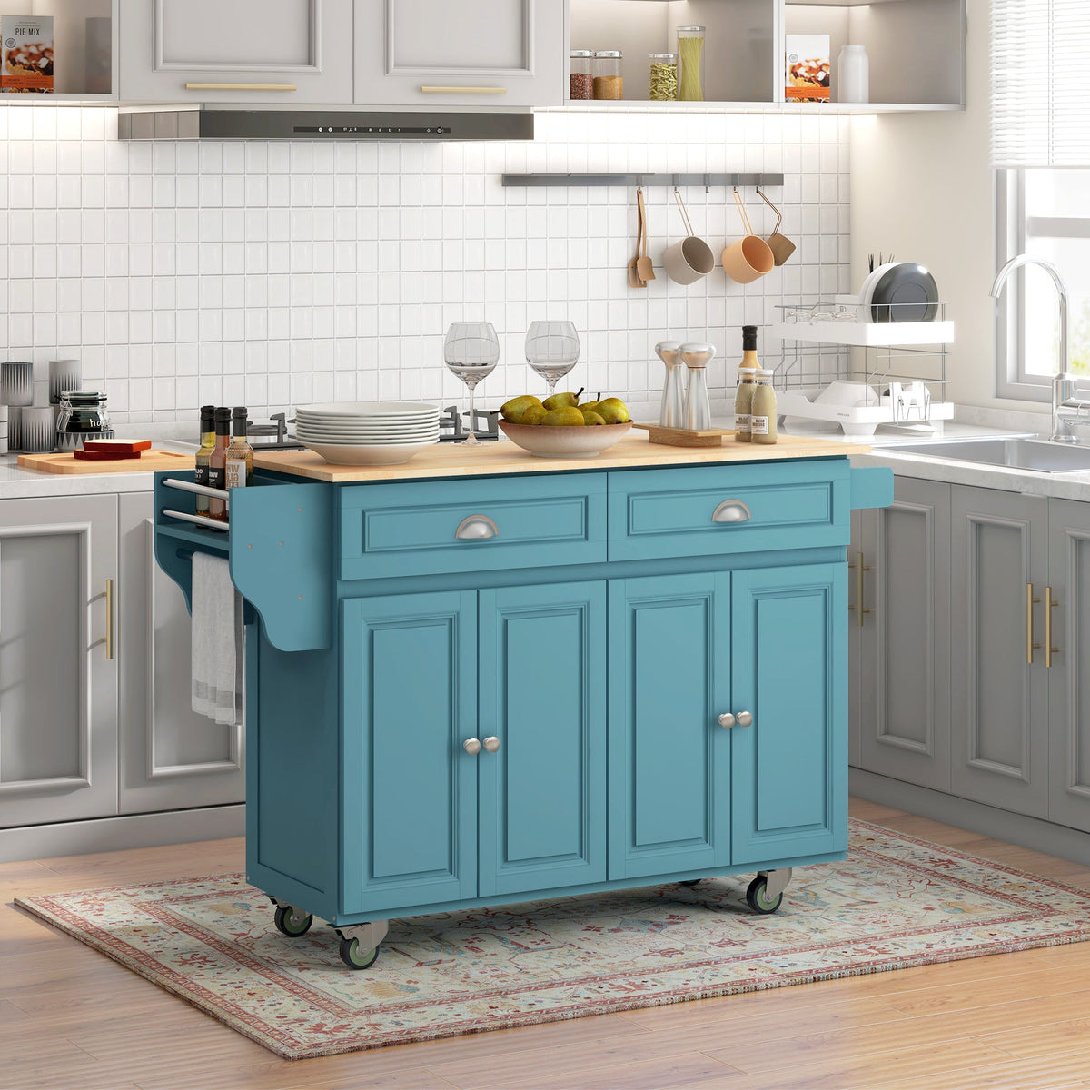 Kitchen Island with Storage, Rolling Kitchen Island with Drop Leaf, Rubber Wood Top and Adjustable Shelves, Light Blue