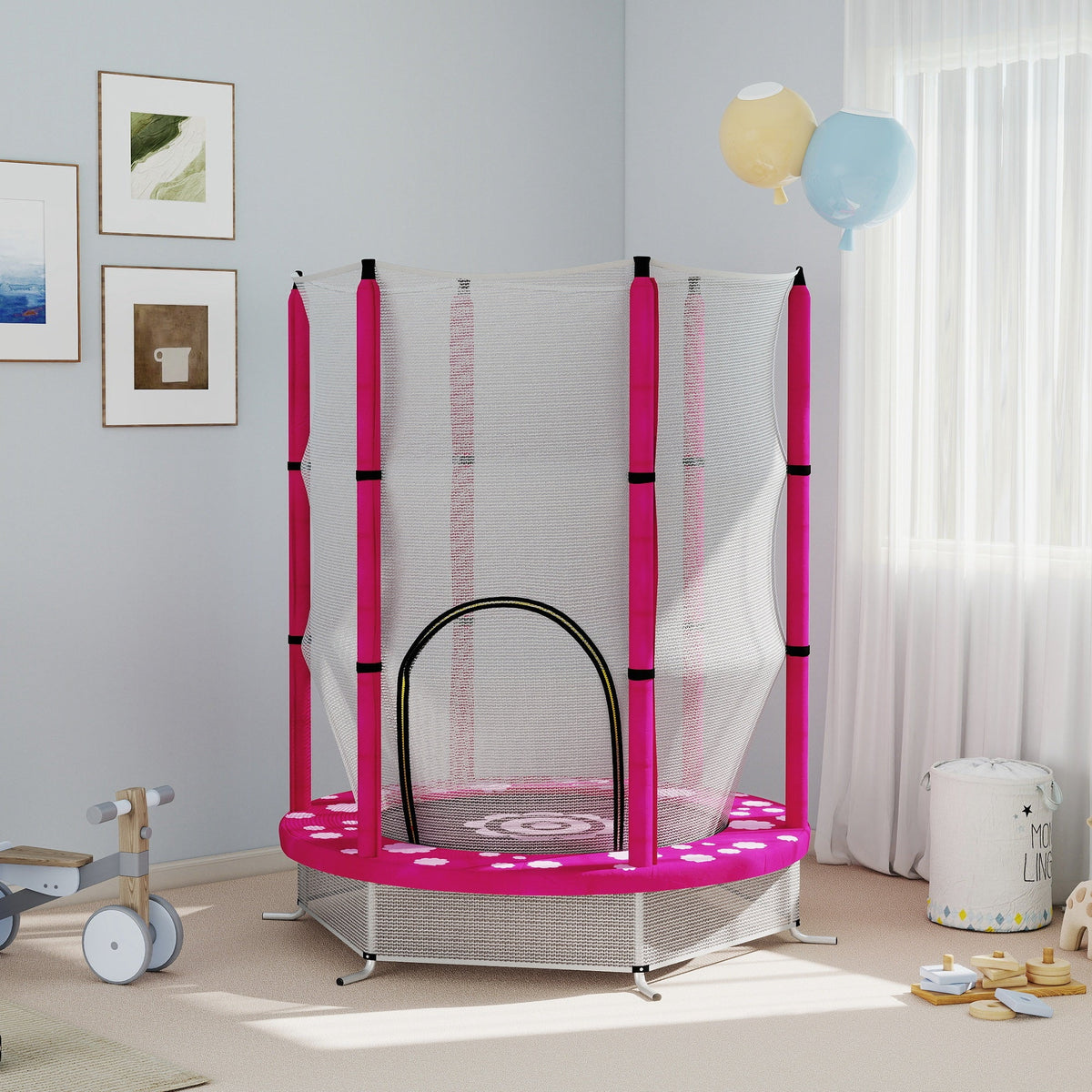 55" Toddler Trampoline with Safety Enclosure Net, for Indoor Outdoor Use, Ages 3-6 Years, Pink