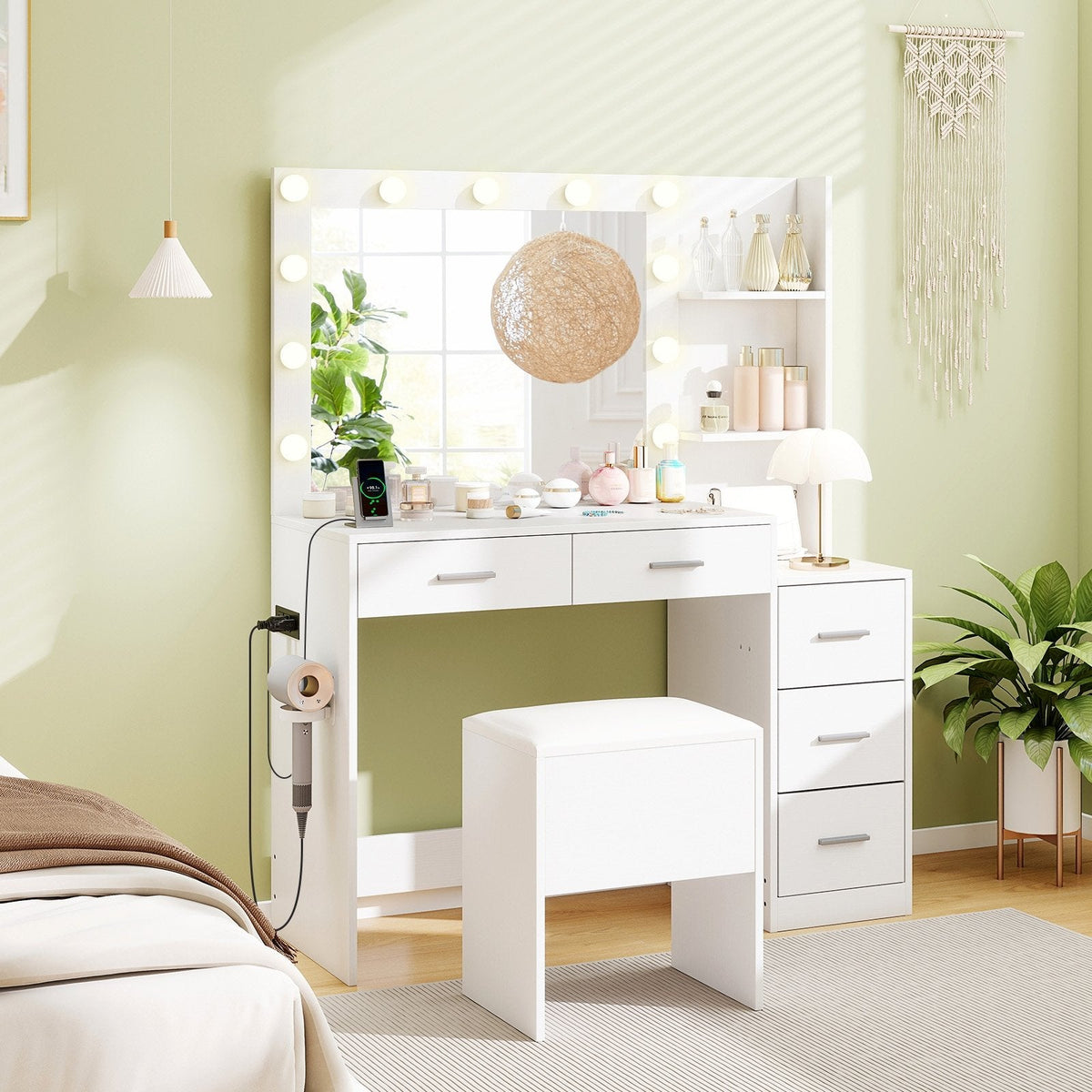 Makeup Table and Stool Set with Hair Dryer Stand-White