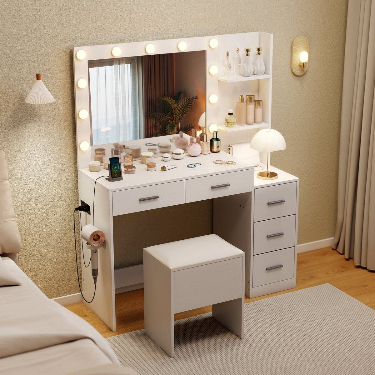 Makeup Table and Stool Set with Hair Dryer Stand-White