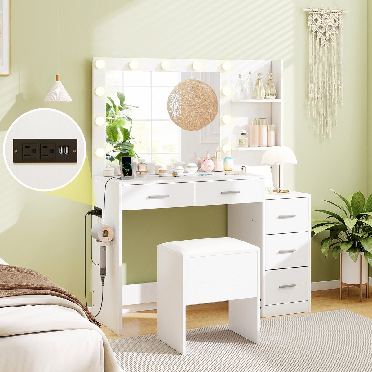 Makeup Table and Stool Set with Hair Dryer Stand-White