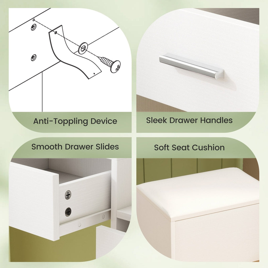 Makeup Table and Stool Set with Hair Dryer Stand-White