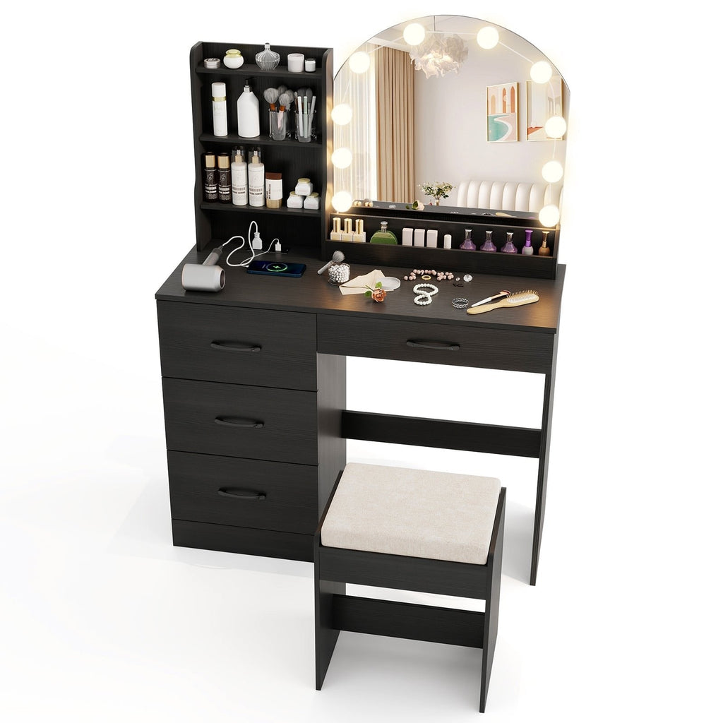Makeup Vanity Desk Dressing Table and Stool Set with Mirror and Lights-Black
