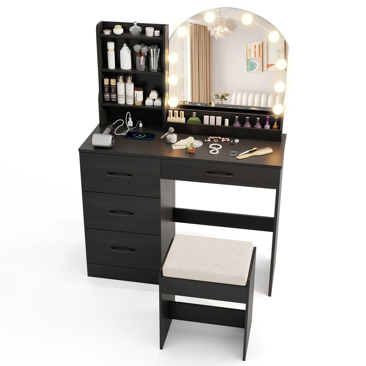 Makeup Vanity Desk Dressing Table and Stool Set with Mirror and Lights-Black