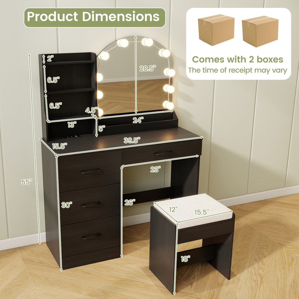 Makeup Vanity Desk Dressing Table and Stool Set with Mirror and Lights-Black
