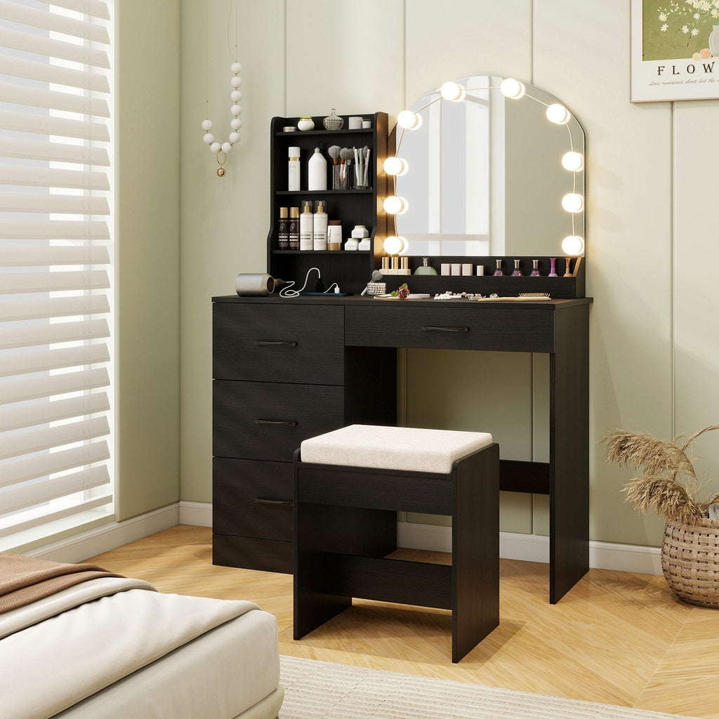 Makeup Vanity Desk Dressing Table and Stool Set with Mirror and Lights-Black