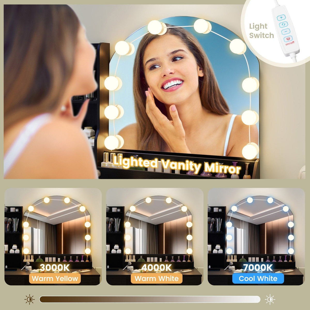 Makeup Vanity Desk Dressing Table and Stool Set with Mirror and Lights-Black