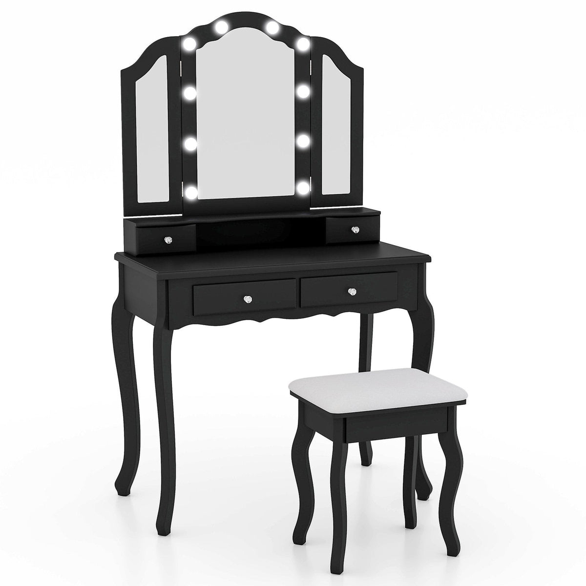 Makeup Vanity Table Set with Lighted Mirror and Drawers-Black