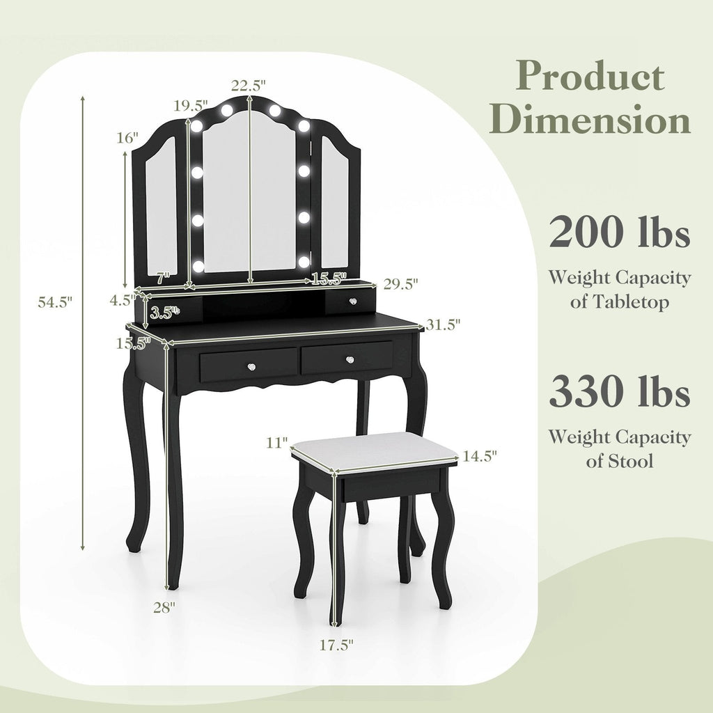 Makeup Vanity Table Set with Lighted Mirror and Drawers-Black