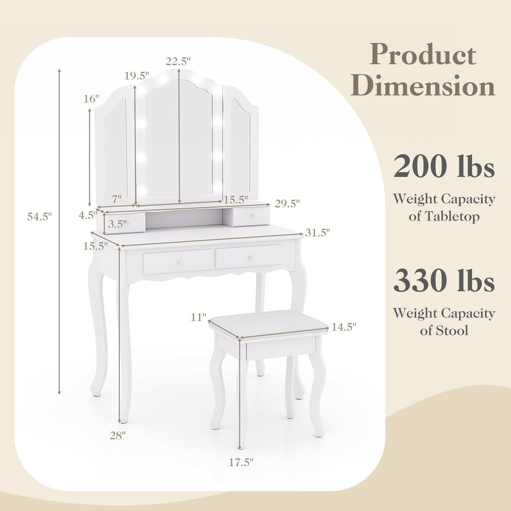 Makeup Vanity Table Set with Lighted Mirror and Drawers-White