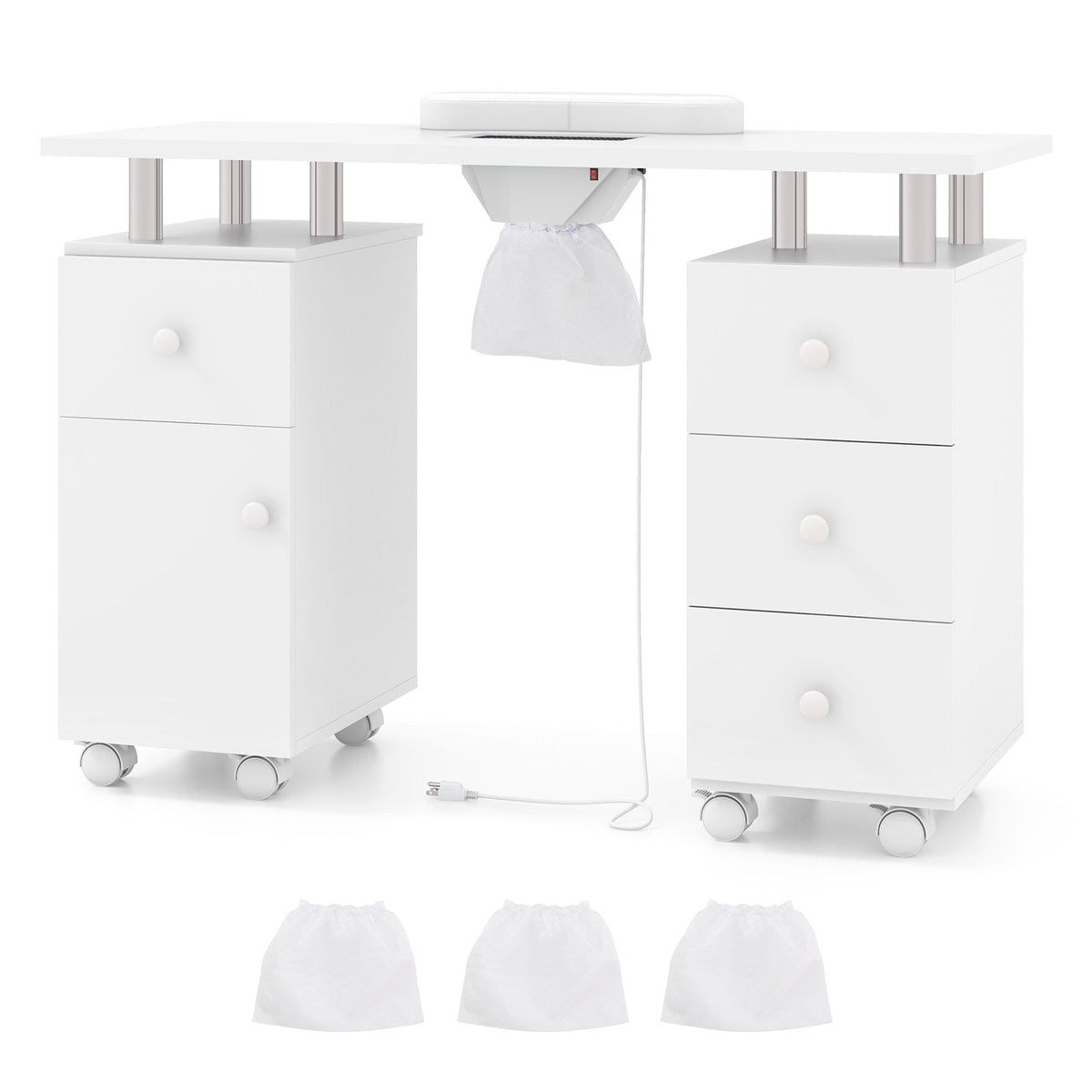Manicure Table Nail Desk with Electric Dust Collector and 3 Dust Bags-White