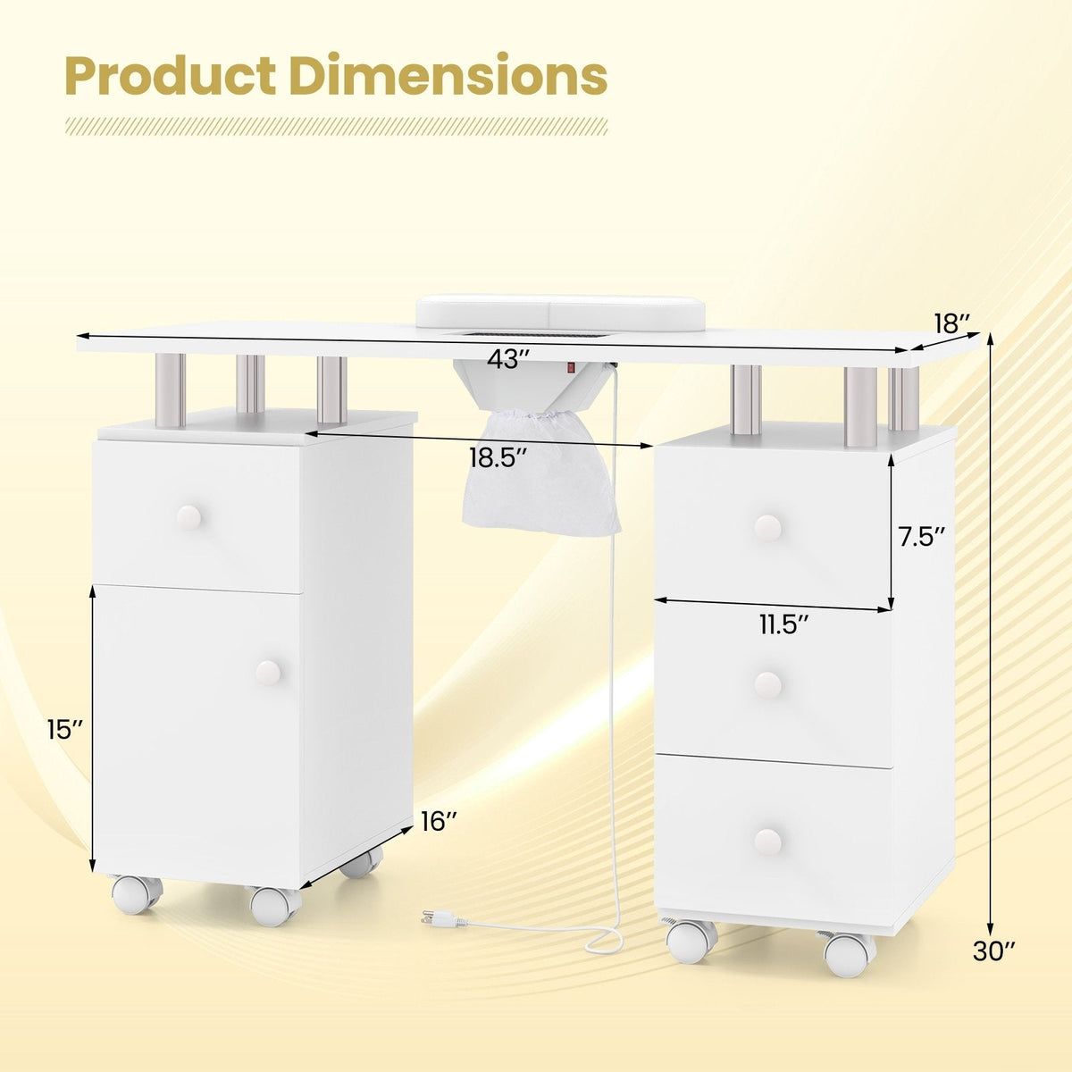 Manicure Table Nail Desk with Electric Dust Collector and 3 Dust Bags-White