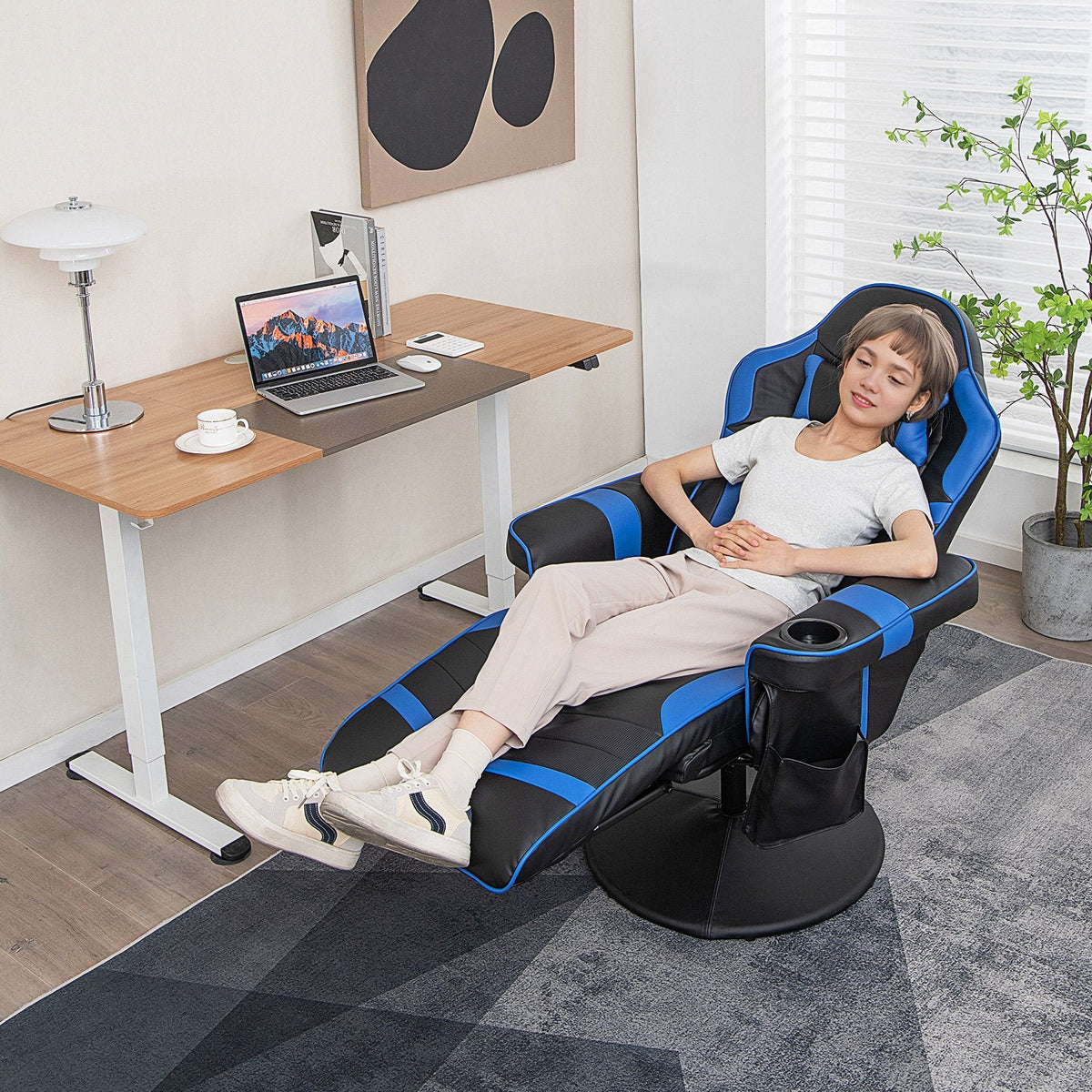 Massage Video Gaming Recliner Chair with Adjustable Height-Blue