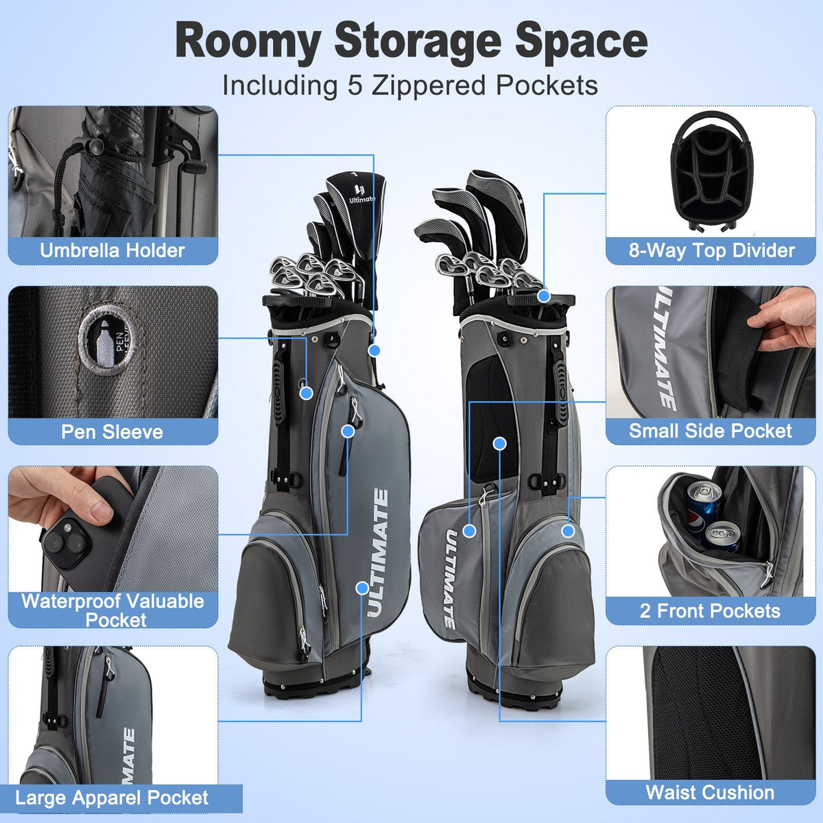 Men’s Profile Complete Golf Club Package Set Includes 10 Pieces-Gray