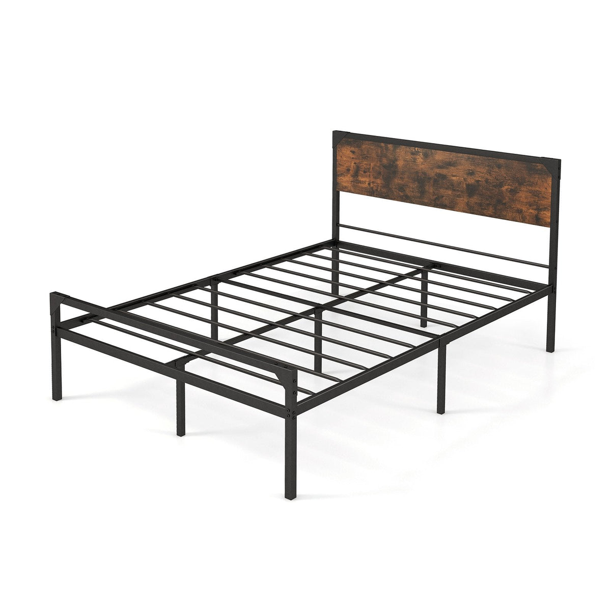 Full Size Metal Platform Bed with Rustic Wood Headboard and 20 Inch Footboard