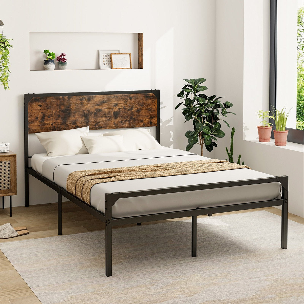 Full Size Metal Platform Bed with Rustic Wood Headboard and 20 Inch Footboard