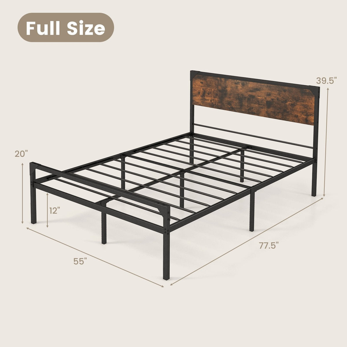 Full Size Metal Platform Bed with Rustic Wood Headboard and 20 Inch Footboard
