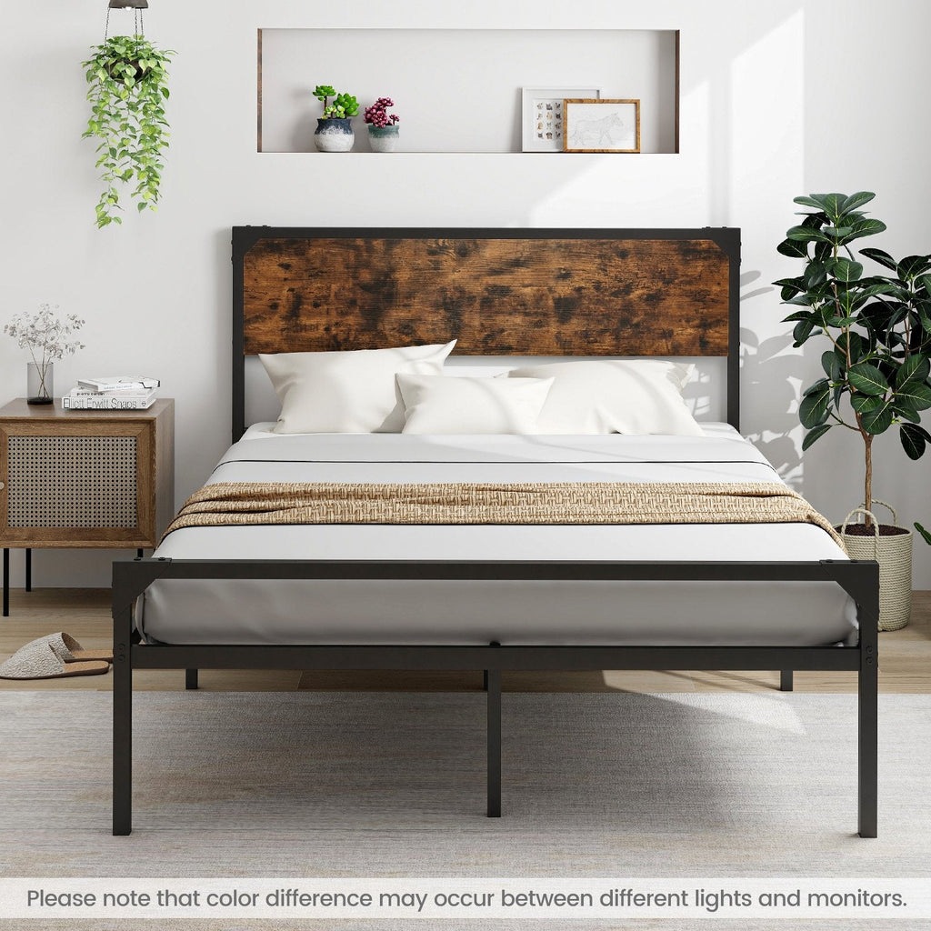 Full Size Metal Platform Bed with Rustic Wood Headboard and 20 Inch Footboard