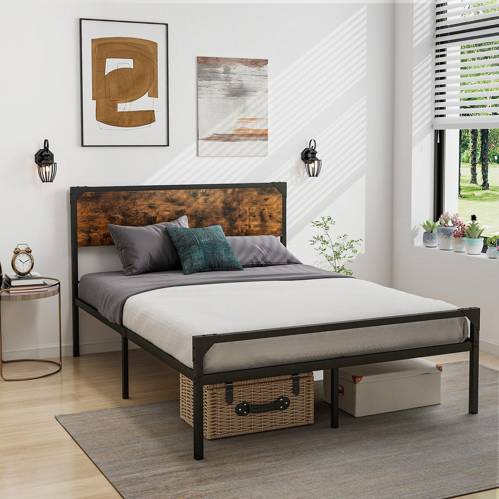 Full Size Metal Platform Bed with Rustic Wood Headboard and 20 Inch Footboard