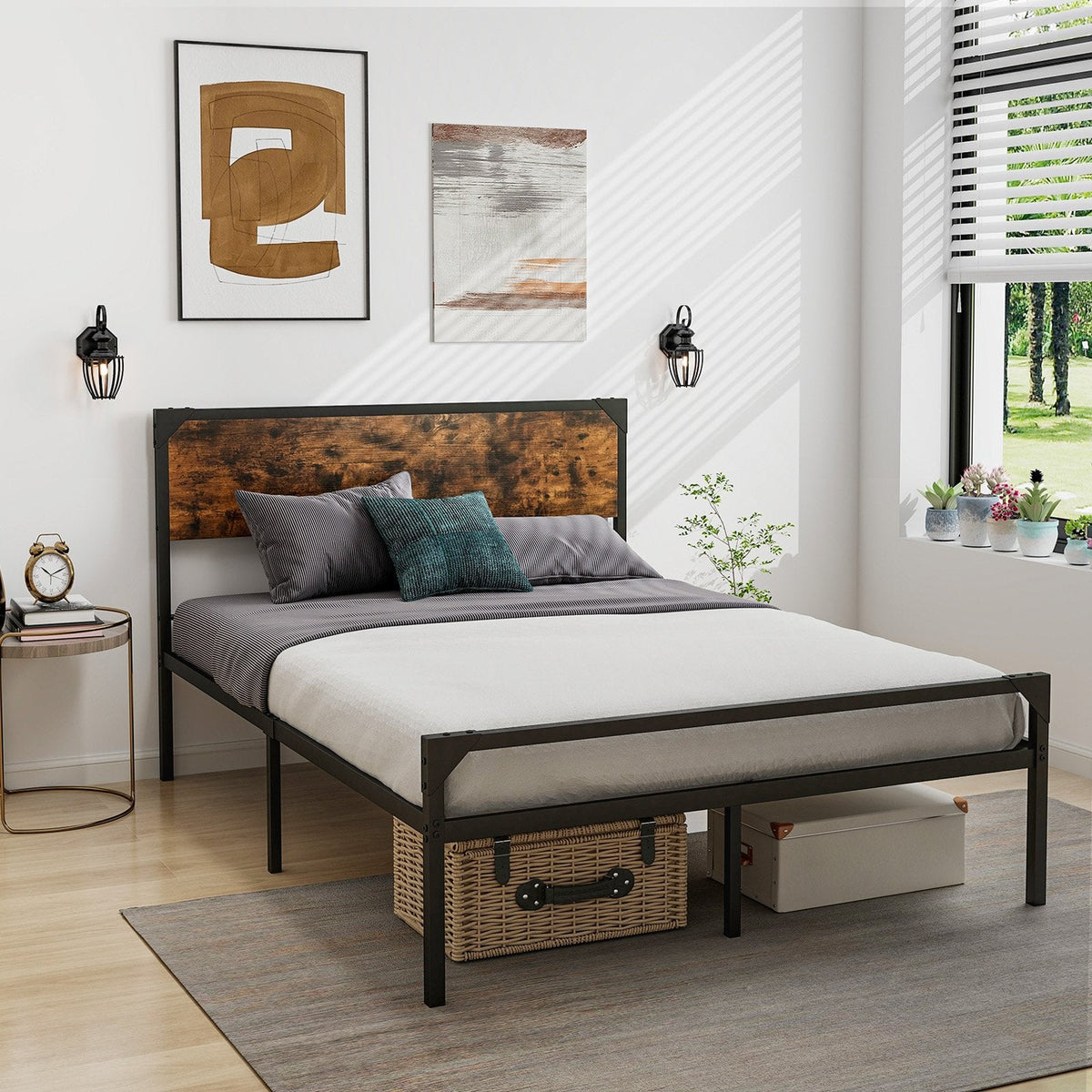 Full Size Metal Platform Bed with Rustic Wood Headboard and 20 Inch Footboard