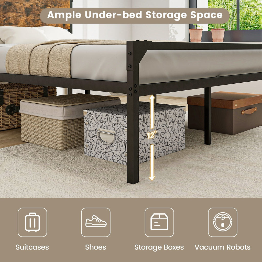 Full Size Metal Platform Bed with Rustic Wood Headboard and 20 Inch Footboard