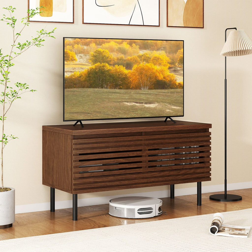 Mid Century Fluted TV Stand for 40 inches TV with 2 Hidden Compartments and Metal Legs-Walnut