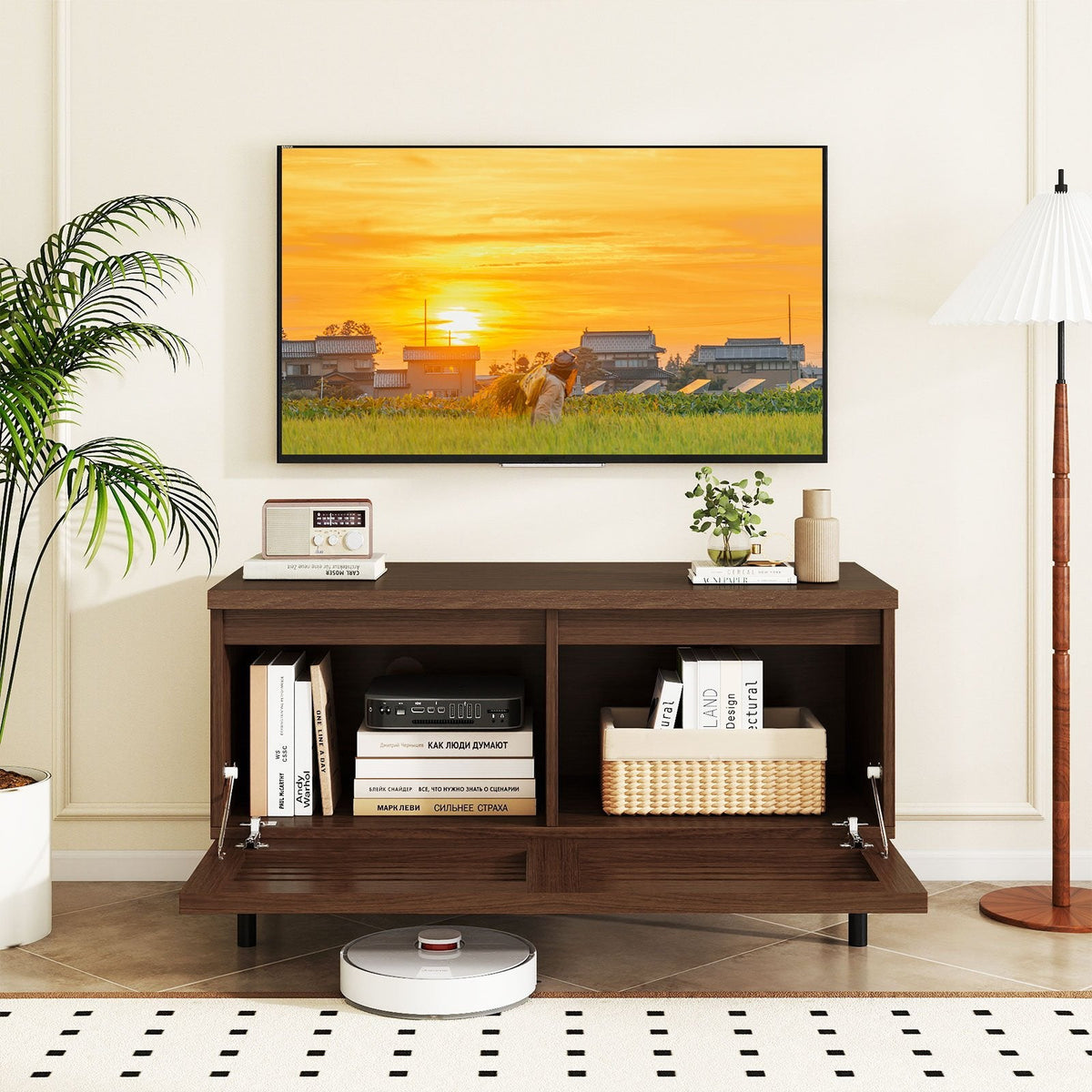 Mid Century Fluted TV Stand for 40 inches TV with 2 Hidden Compartments and Metal Legs-Walnut