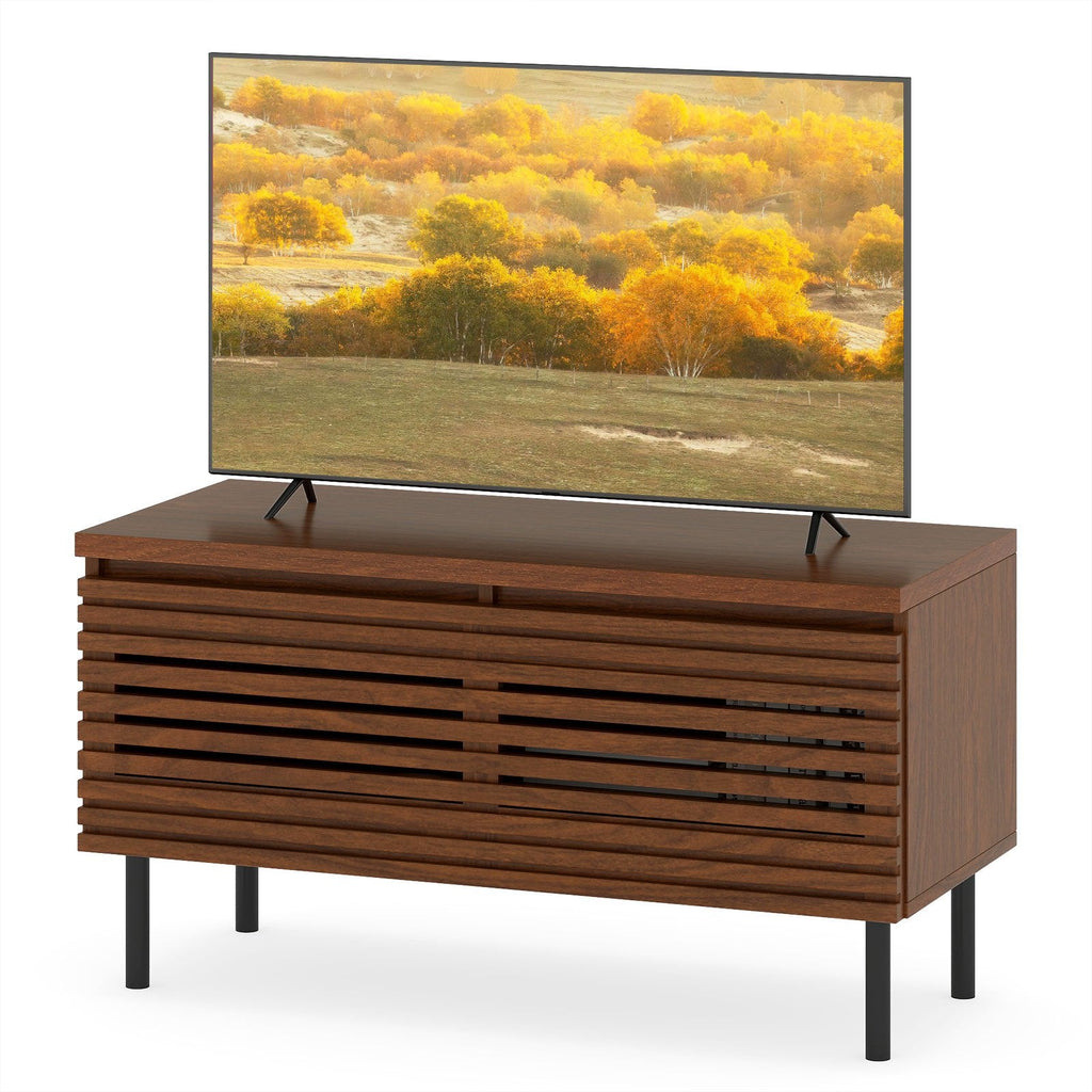 Mid Century Fluted TV Stand for 40 inches TV with 2 Hidden Compartments and Metal Legs-Walnut