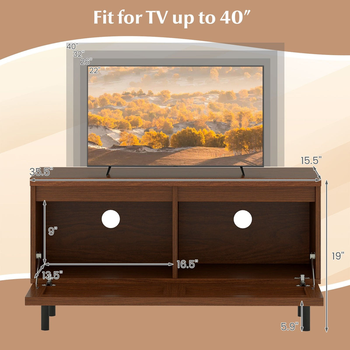 Mid Century Fluted TV Stand for 40 inches TV with 2 Hidden Compartments and Metal Legs-Walnut
