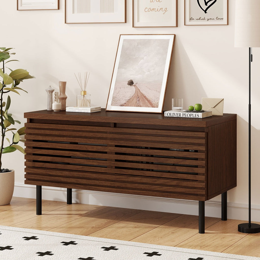 Mid Century Fluted TV Stand for 40 inches TV with 2 Hidden Compartments and Metal Legs-Walnut