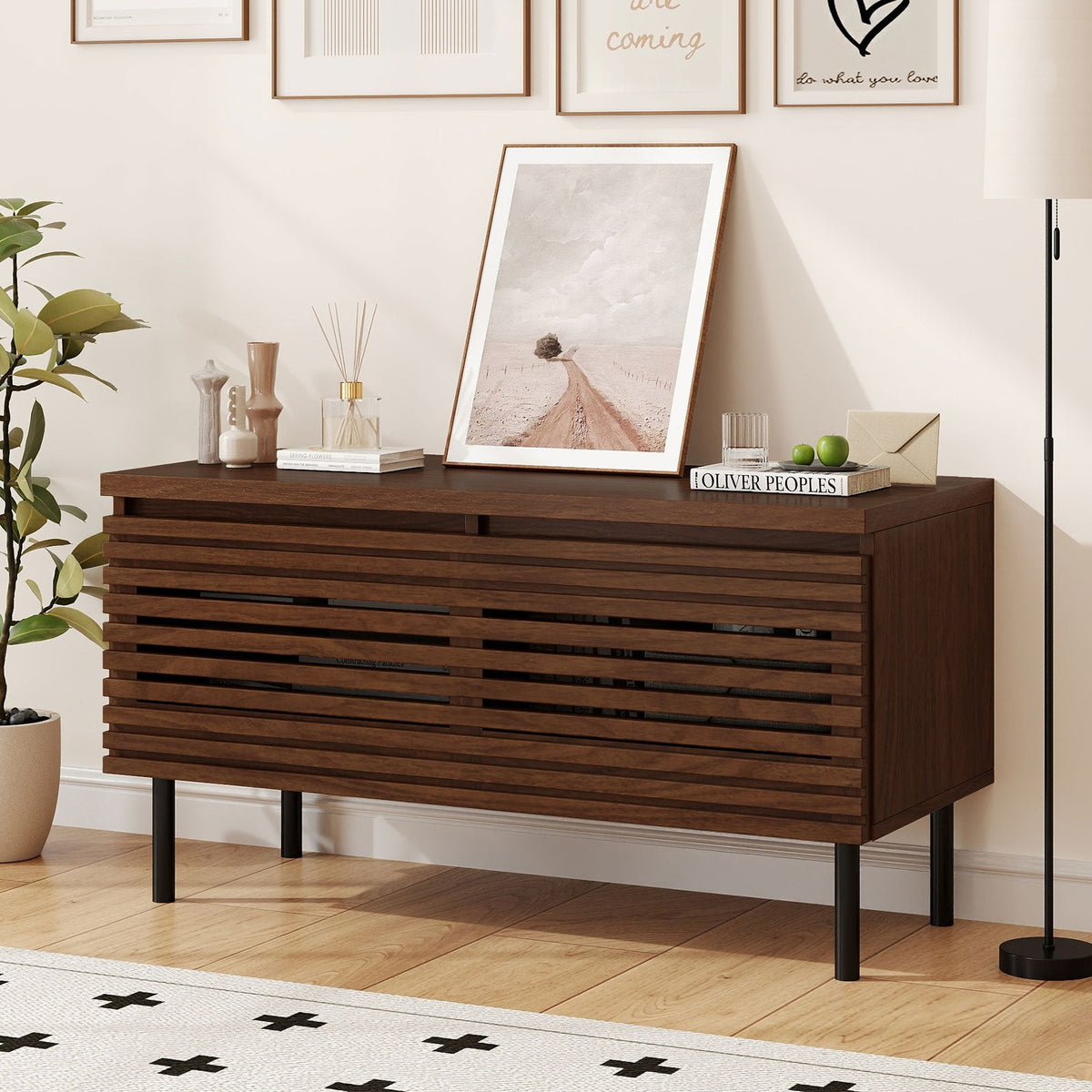 Mid Century Fluted TV Stand for 40 inches TV with 2 Hidden Compartments and Metal Legs-Walnut