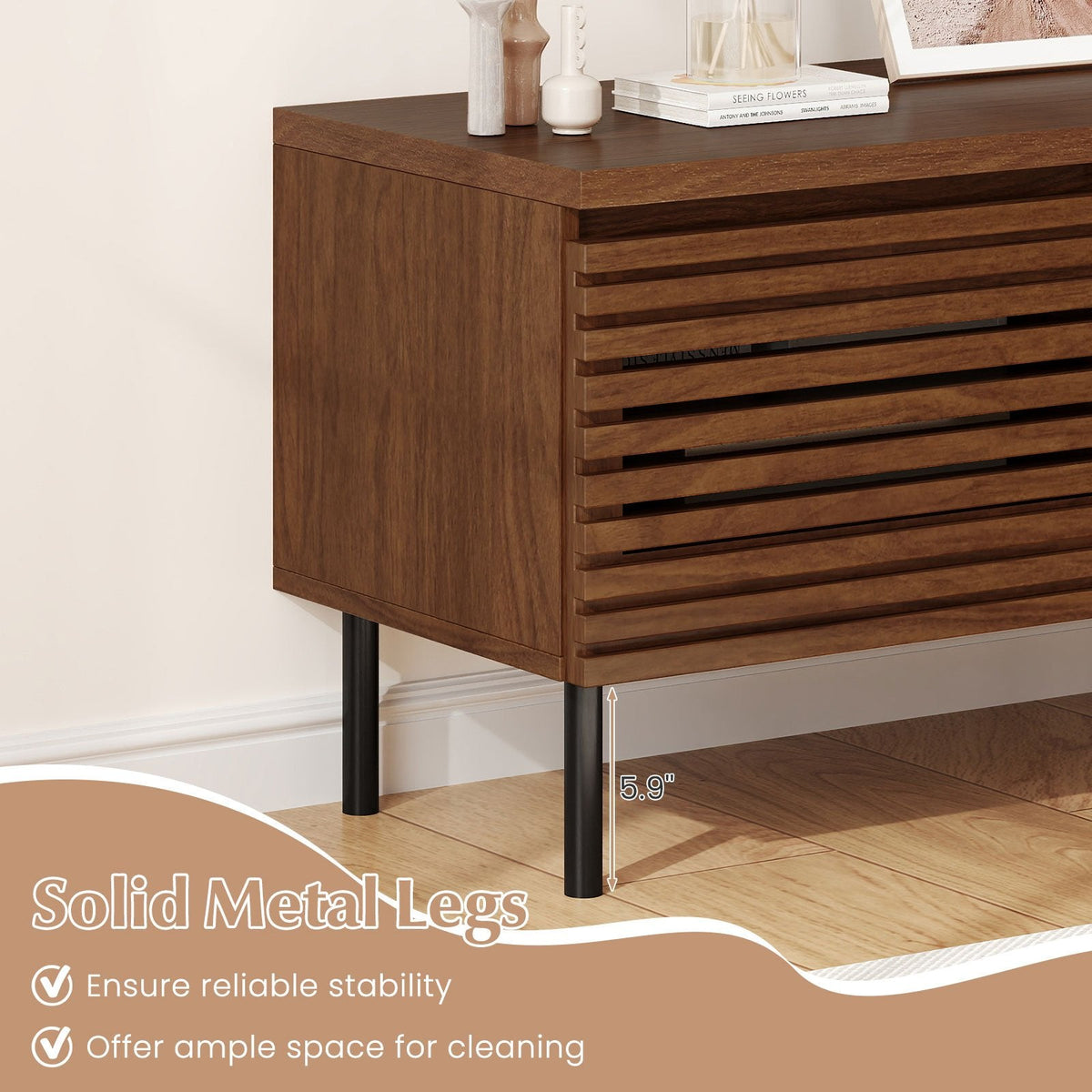 Mid Century Fluted TV Stand for 40 inches TV with 2 Hidden Compartments and Metal Legs-Walnut