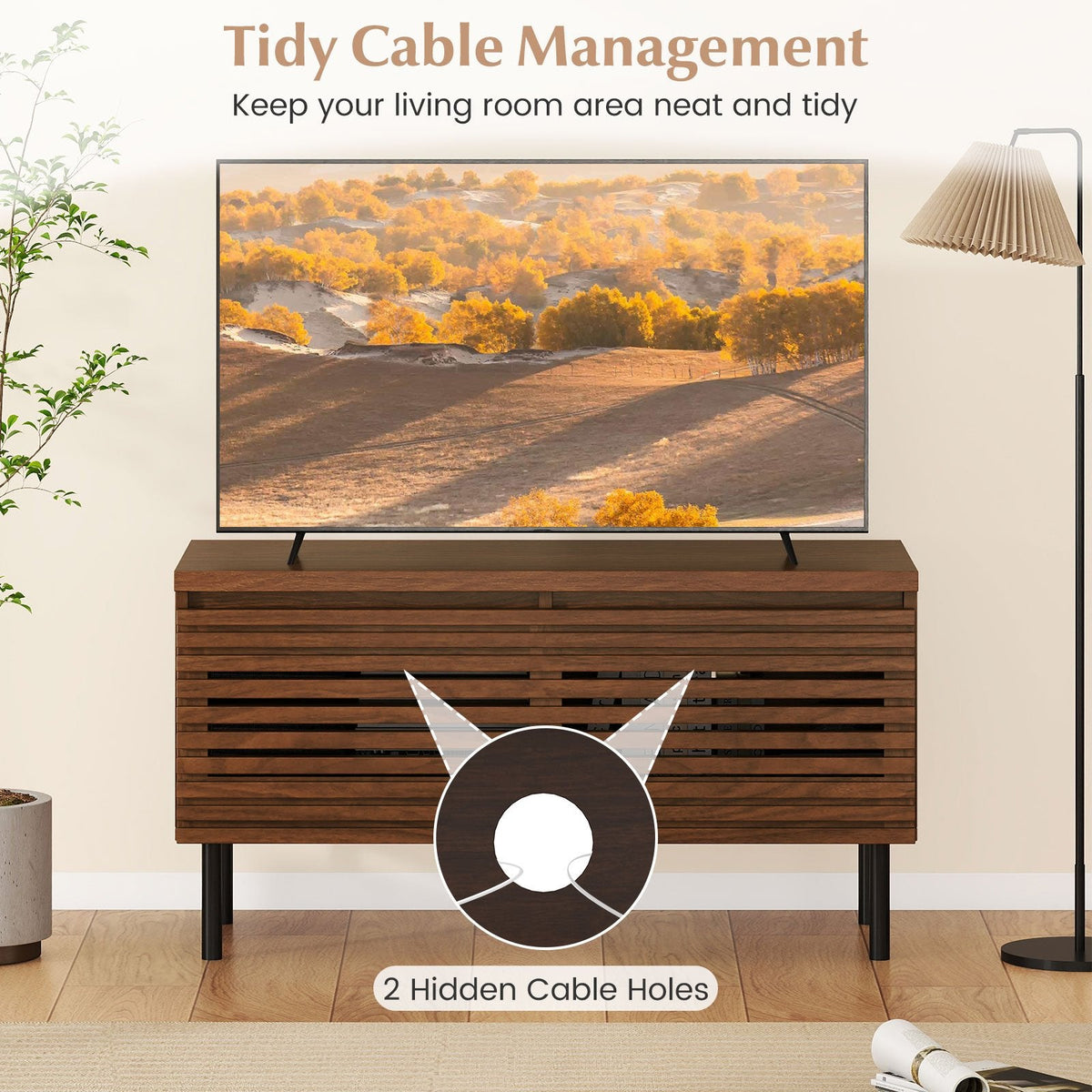 Mid Century Fluted TV Stand for 40 inches TV with 2 Hidden Compartments and Metal Legs-Walnut