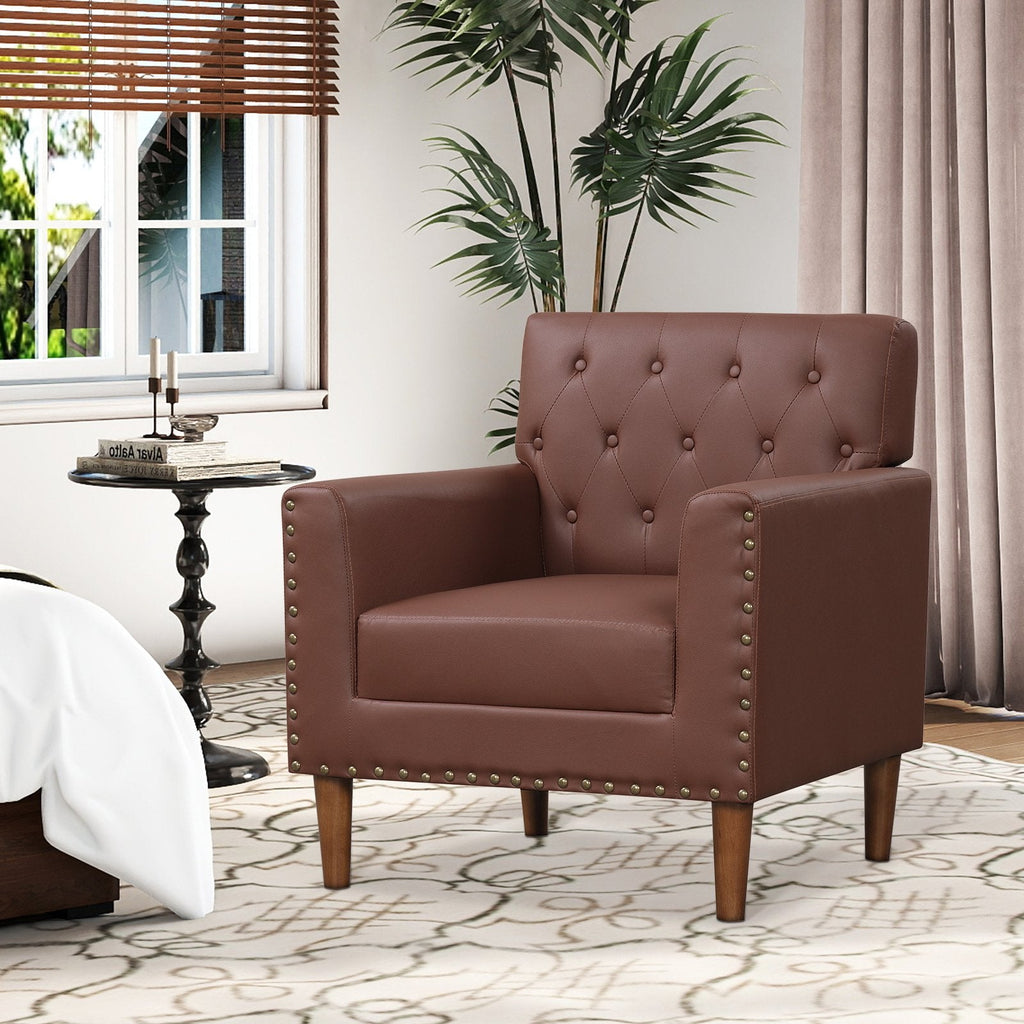 Mid Century Modern Accent Chair with Button Tufted Decoration and Rivets-Brown