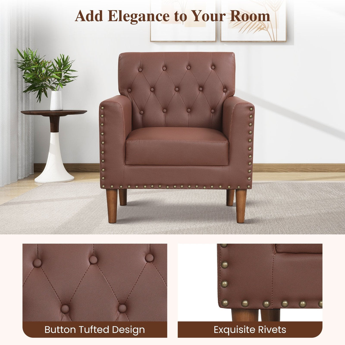 Mid Century Modern Accent Chair with Button Tufted Decoration and Rivets-Brown