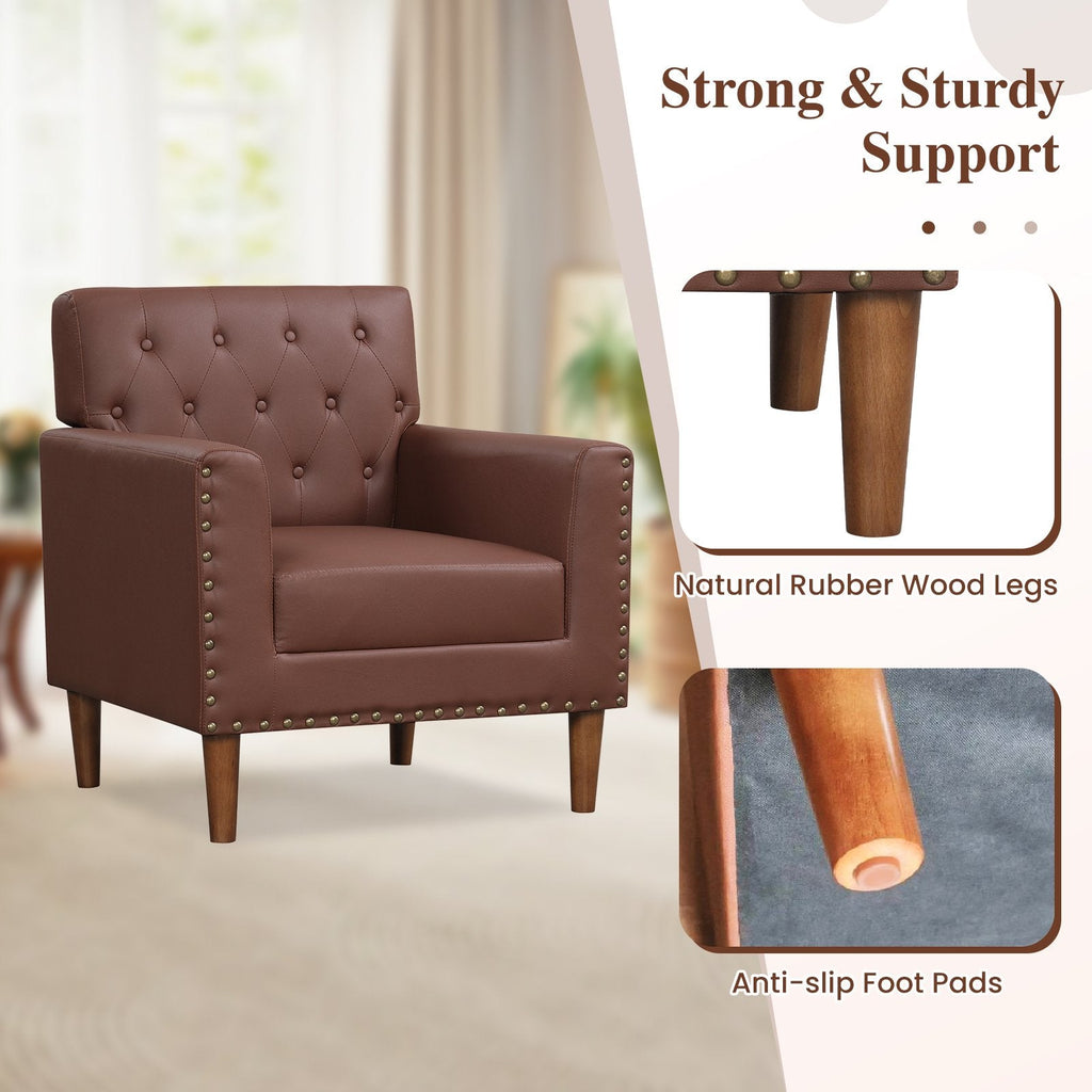 Mid Century Modern Accent Chair with Button Tufted Decoration and Rivets-Brown