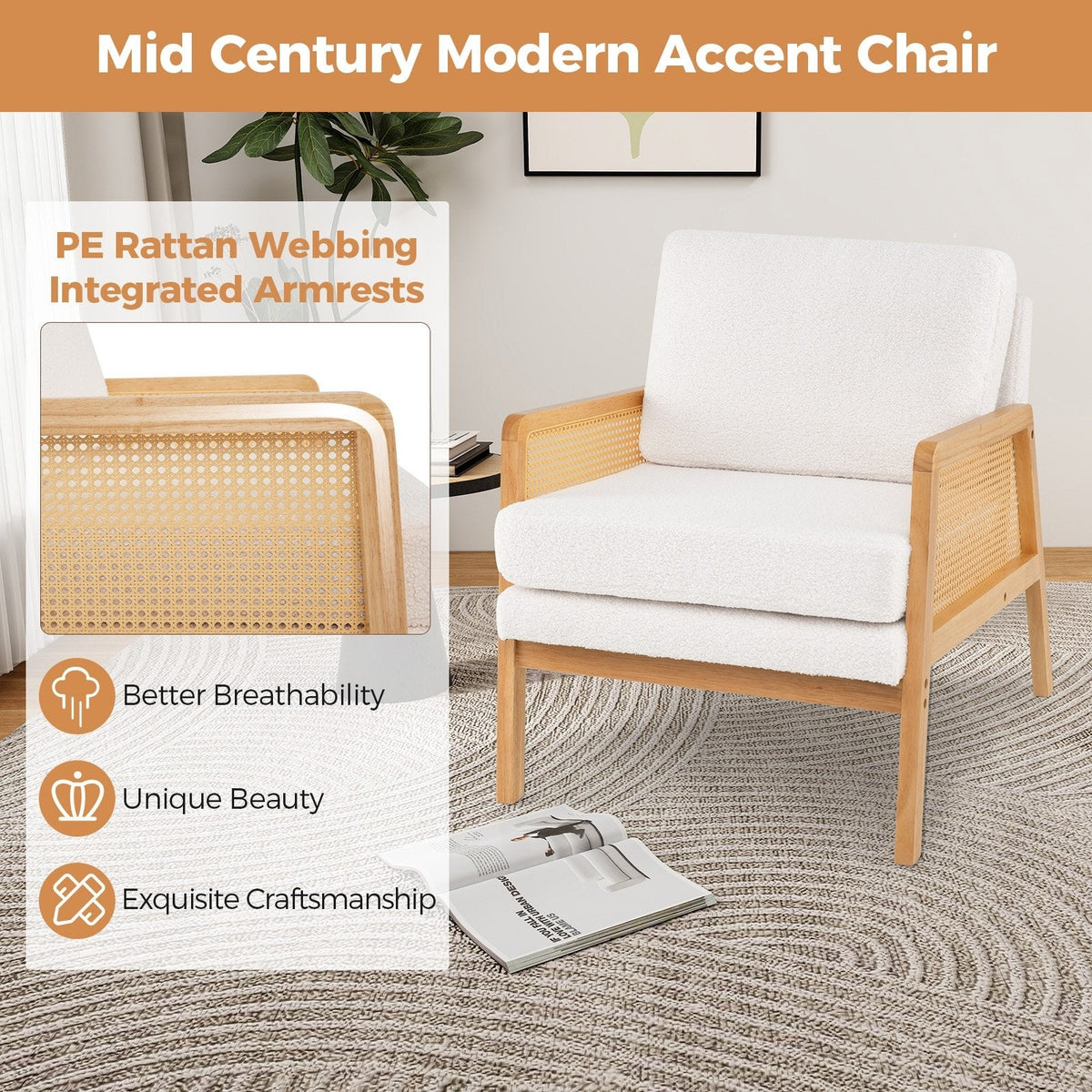Mid Century Modern Accent Chair with Rattan Arms and Cushion-Natural