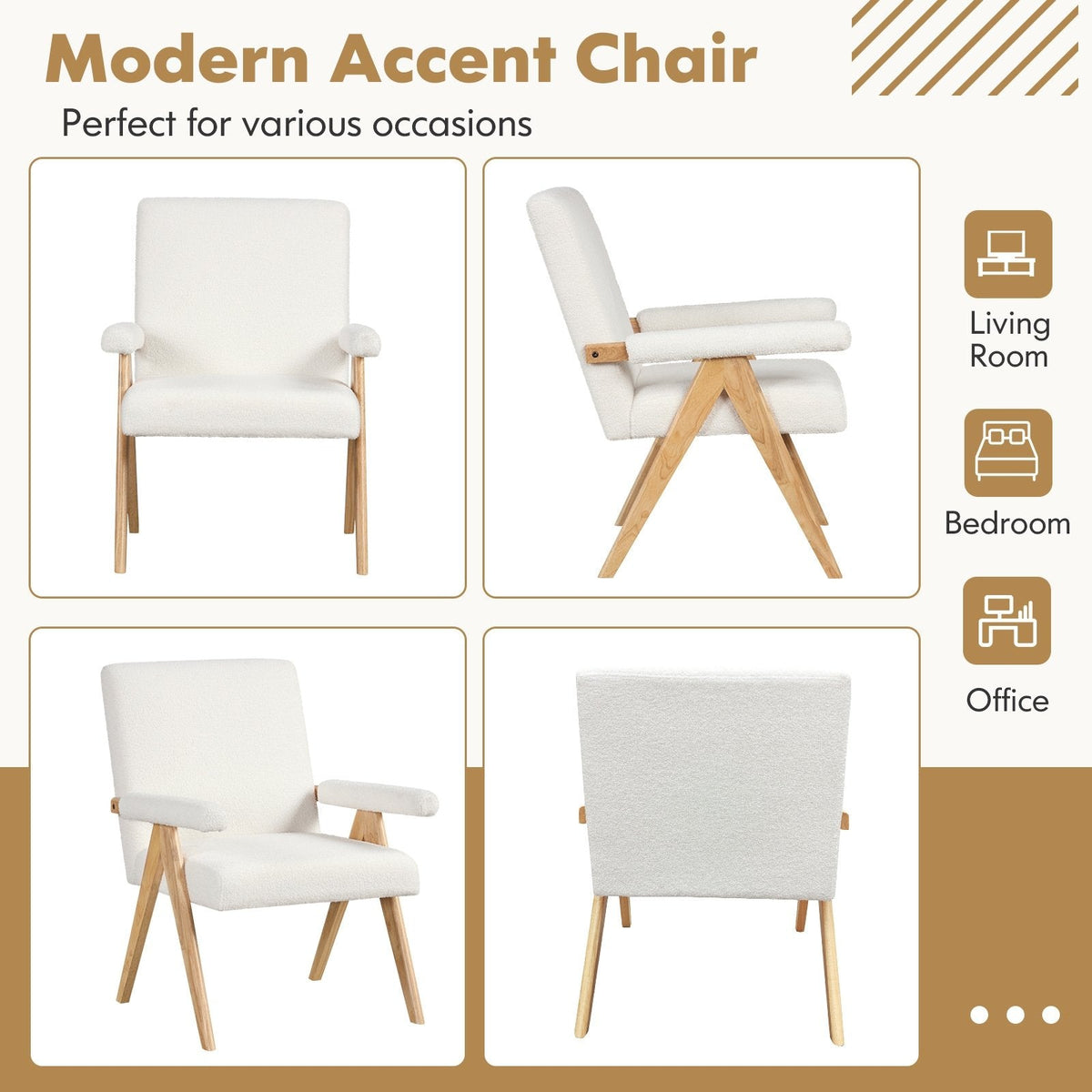 Mid Century Modern Accent Chair with Rubber Wood Frame and Padded Armrests-White