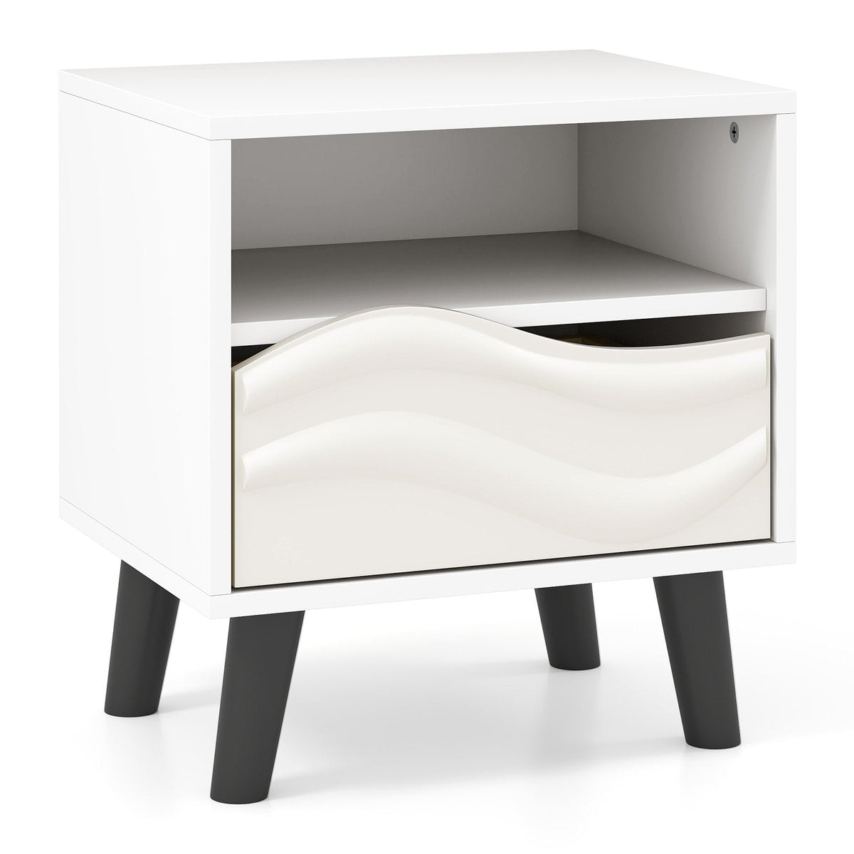 Nightstand with 3D Wavy Pattern and Open Shelf, White