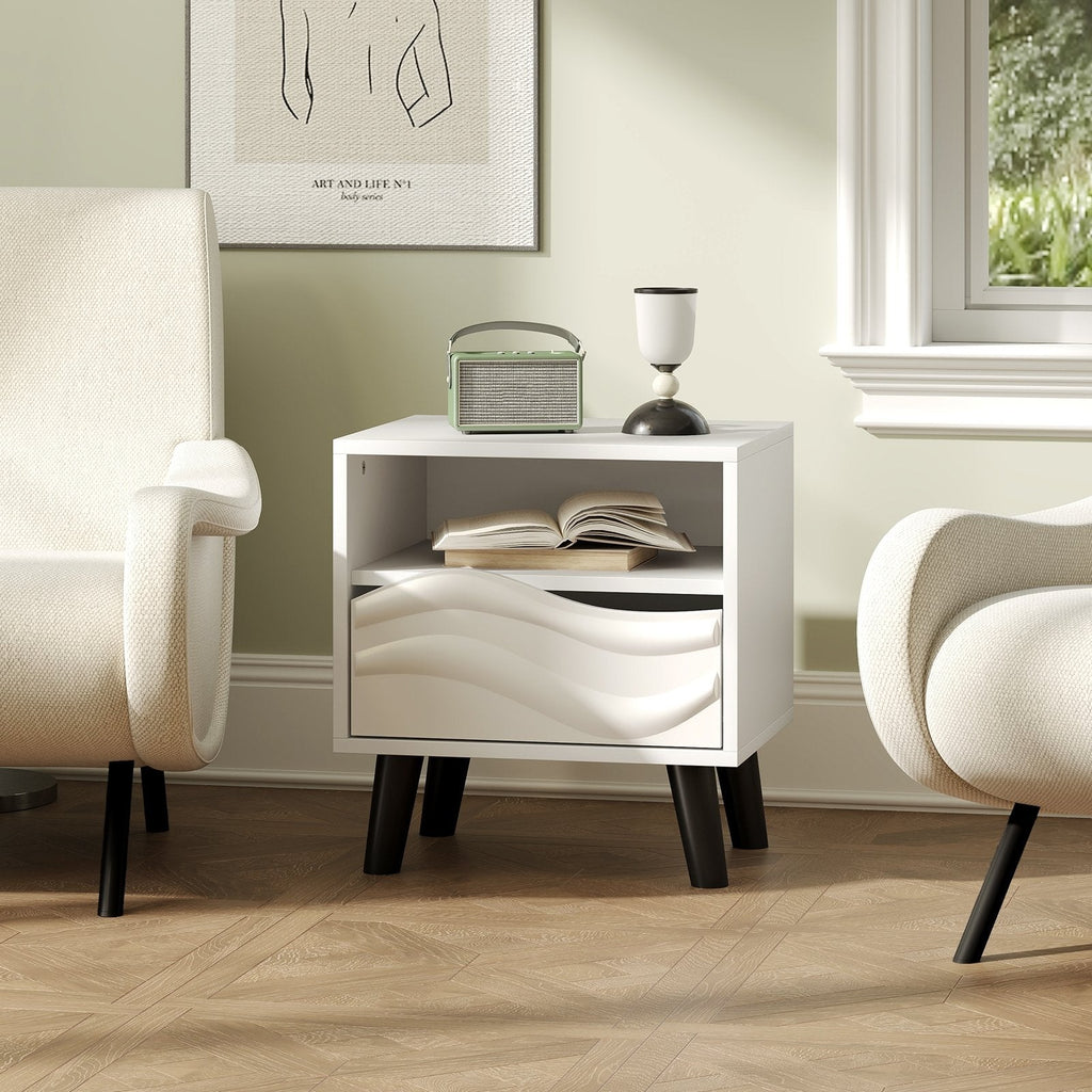 Nightstand with 3D Wavy Pattern and Open Shelf, White